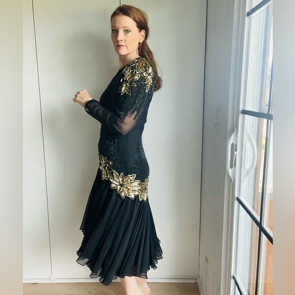 Vintage 90s Dress Sequin Beaded Party Cocktail Formals Red Carpet Black Gold s/6 - Picture 4 of 14